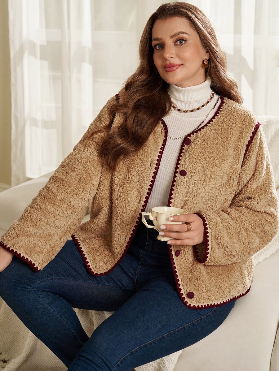 EMERY ROSE Women's Plus Size Colorblock Short Plush Jacket Autumn Clothes For Women Winter Clothes Fall Winter 2026 Color-Blocked Plush Coat - Khaki - View 1