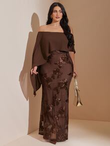 SHEIN CURVE+ 大尺碼女款露肩花卉刺繡網紗拼接洋裝，棕色秋冬優雅1920年代風，適合婚禮正式場合，5XL-8XL - 棕色 - 查看 3