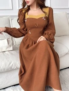 Feyla Women's Floral Embroidered Pleated Casual Party Summer Midi Dress - Brown - View 6