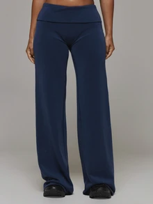 Musera Sport Fold Over Waist Wide Straight Leg Yoga Style Soft Touch Active Coord Trouser Only Sport Essentials Basics Gym Workout Autumn Fall Winter - Navy Blue - View 2