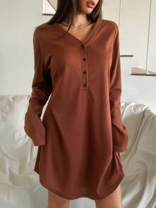 DAZY Women's Solid Color Button Half-Placket Long Sleeve Loungewear Dress - Coffee Brown - View 1