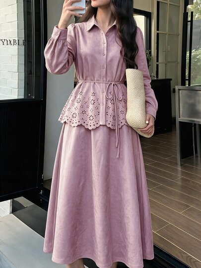 Solavon Women's Solid Color Long Sleeve Top And Skirt Casual 2 Pieces Set