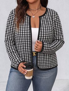 SHEIN LUNE 大尺碼女款格紋印花長袖休閒優雅商務休閒夾克，適合秋季/正式晚宴辦公室黑色秋季 - 黑與白 - 查看 4