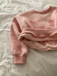 Dazy Kids Tween Girl) Loose Round Neck Bow Pullover Sweatshirt, Long Sleeve Basic Layering Top, Autumn/Winter - Pink - View 1