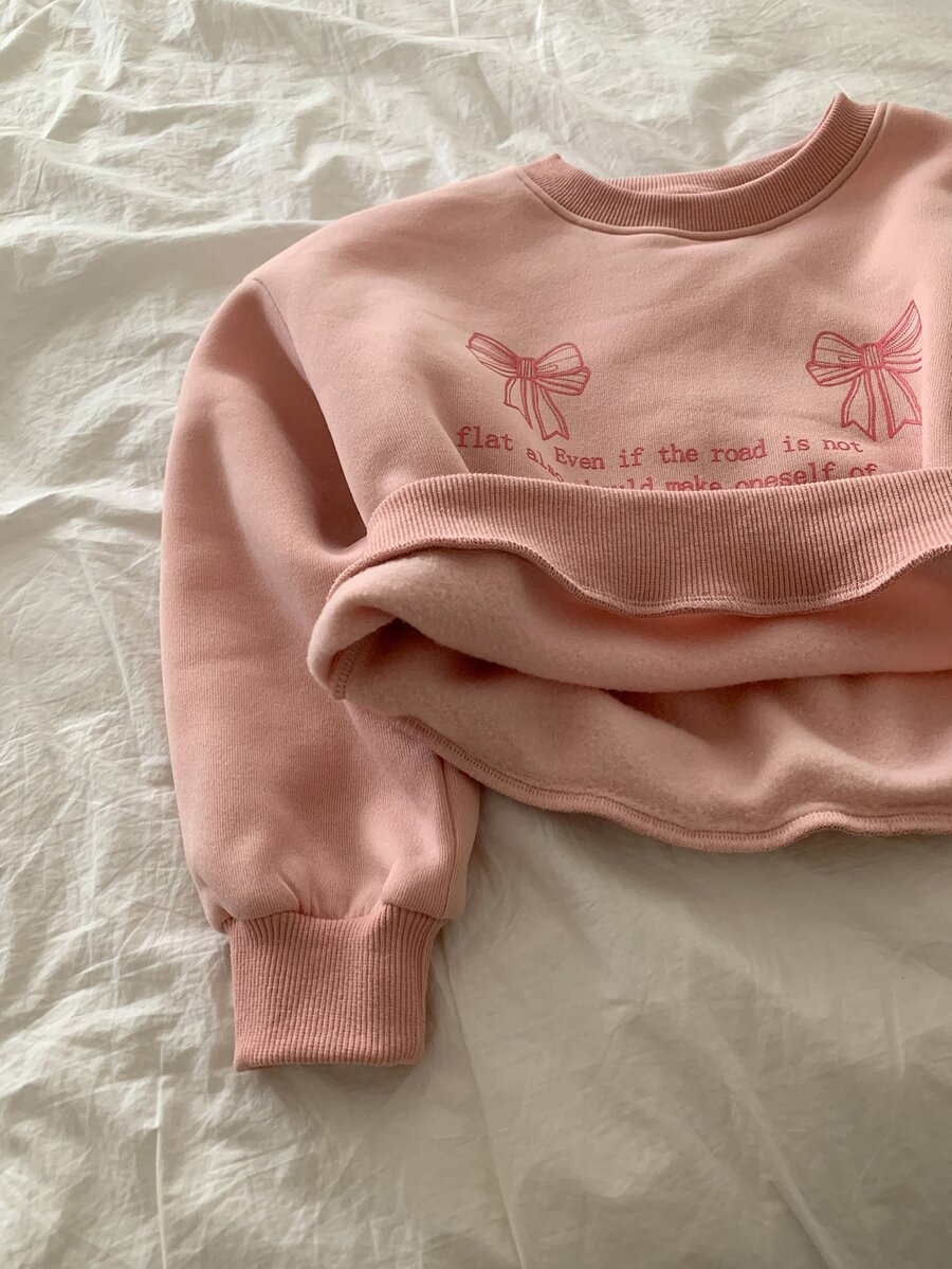 Dazy Kids Tween Girl) Loose Round Neck Bow Pullover Sweatshirt, Long Sleeve Basic Layering Top, Autumn/Winter - Pink - View 1