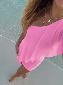 Aloruh Women's Solid Color One-Shoulder Patchwork Ruffle Hem Fashion Mini Dress For Vacation - Pink - View 5