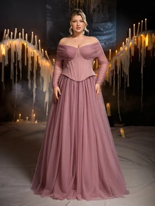 Glamrae Plus Size Elegant Fashionable Lotus Pink Knitted Mesh Patchwork Off-Shoulder Corset Style 2 In 1 A-Line Maxi Dress, Suitable For Prom, Wedding, Bridesmaid, Formal Evening Gown - Dusty Pink - View 4