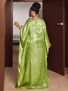 Maweii European Style Off-Shoulder Batwing Sleeve Metallic Luster Crinkled Satin Loose Long Dress Evening Gown - Green - View 4