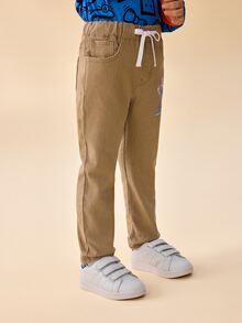 Blippi X SHEIN Young Boy Elastic Waist Drawstring Solid Color Denim Jeans - Apricot - View 6