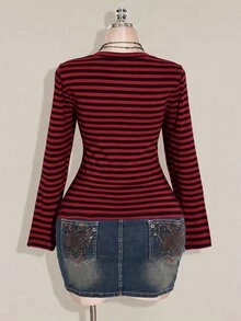 SHEIN ICON Women's Plus Size Autumn/Winter Contrast Lace Black & Gray Striped Fitted T-Shirt Fall - Multicolor - View 2