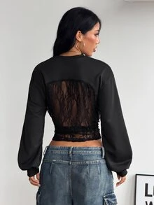Coolane Women's Fall/Winter Back To School Basic Solid Color Pleated Asymmetrical Contrast Lace Neck Long Sleeve Pullover Black Sweatshirt Fall Outfits - Black - View 4