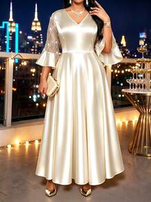 SHEIN Lady CURVE Plus Size V-Neck Flared Sleeve Rhinestone Tassel A-Line High Waist Dress - Apricot - View 5