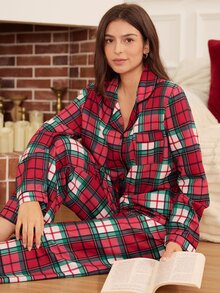 Doze Lane Plaid Print Casual Lapel Front Open Long Sleeve Pants Pajama Set For Women - Multicolor - View 1