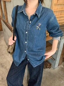 DAZY Women's Casual Striped Cuff Patchwork Cartoon Embroidered Denim Top - Blue - View 5