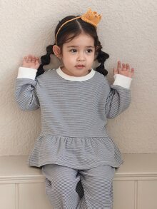 DAZY Infant/Toddler (Girl) Round Neck Striped Korean Style Long Sleeve Ruffle Trim Casual Sweatshirt - Grey - View 9