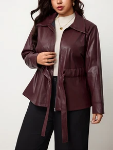 Truni Plus-Size Women's Autumn And Winter Casual Fitted Leather Jacket Pear Body,Triangle Body - Rust Brown - View 5