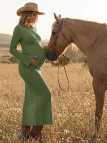 Boho Mama 圓領長袖素色百褶孕婦洋裝 秋季 - 淺藍色 - 查看 5