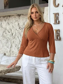 Auralis Early Autumn Deep V-Neck Back To School Season Mid-Sleeve Fitted Teal Plus Size Elegant T-Shirt/Modern Commute - Brown - View 2
