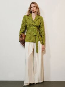 Aveloria Modichic Women's Blazer Slim Wrap Waist Jacquard Frayed Lapel Self Tie Fringe Commute Olive Green Elegant Designer Jacket Tops - Green - View 5