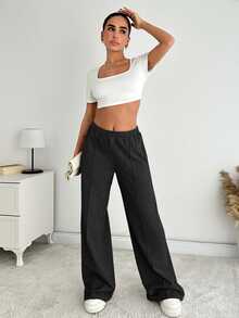 SHEIN Women Solid Color Mid Waist Straight Sweatpants - Black - View 5