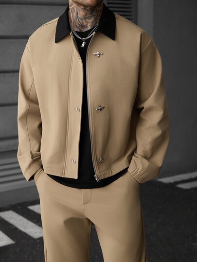 SLATEMANN Men's Casual Long Sleeve Jacket And Pants Set With Snap Buttons