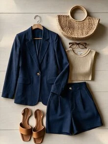 SHEIN Franclia Women's Solid Color Long Sleeve Jacket And Shorts Suit Set - Navy Blue - View 3