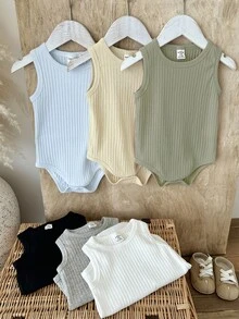 SHEIN Vintaside Kids 6件組男嬰連身衣 羅紋針織 藍色米色綠色 可扣開 圓領無袖 輕便 適合度假海灘夏季假期生日 簡約可愛 - 彩色 - 查看 8