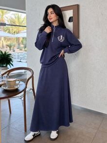 Solavon Women's Embroidered Zipper Half-Placket Sweatshirt And Long Skirt Arabic Outfit Set - Blue - View 3