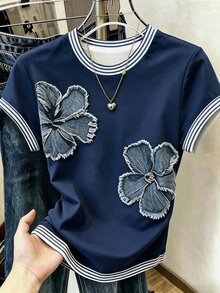 Resyla 女款條紋印花短袖T恤，夏季新款，戶外休閒運動穿搭 - 彩色 - 查看 1