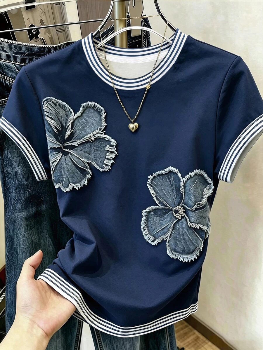 Resyla 女款條紋印花短袖T恤,夏季新款,戶外休閒運動穿搭 - 彩色 - 查看 1