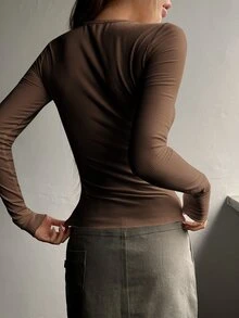 DAZY Women's Solid Color Slim Fit Versatile Daily Casual Long Sleeve T-Shirt - Brown - View 2