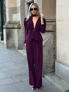 Aloruh Set Blazer dan Celana Wanita Warna Polos Fashion Kerah V Dalam - Red Violet - View 7