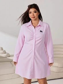 Solflare Plus Size Women Solid Color Cinched Waist Fashion Dress - Pink - View 7