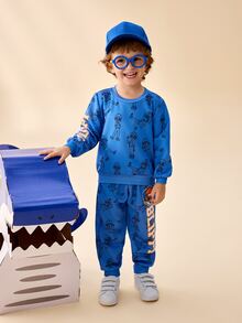 Blippi X SHEIN 小男孩圓領條紋字母印花衛衣與長褲套裝 - 藍色 - 查看 6