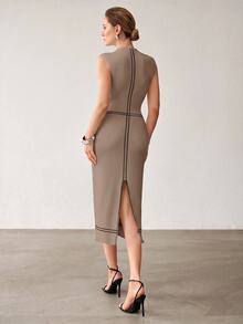 MOTF PREMIUM WOMEN'S STRIPED STAND COLLAR FITTED ELEGANT SLEEVELESS KNIT DRESS - Camel - View 3