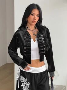 Coolane Women's Fall/Winter Street Avant-Garde Retro Equestrian Style Napoleon Element Button Decor Zipper Closure Hooded Long Sleeve Fitted Black Sweatshirt - Black - View 5