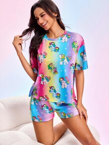 My Little Pony X SHEIN Women's Unicorn Print Short Sleeve Top & Shorts Pajama Set - Multicolor - View 5