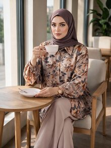 SHEIN Lady CURVE Plus Size Women's Botanical Print Long Sleeve Shirt And Pants Casual 2 Pieces Set - Beige - View 8