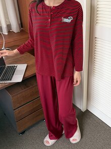DAZY Women's Striped Long Sleeve Top And Pants Casual Daily Home Sleepwear Set - Red - View 7