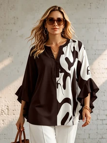 Ceyna Autumn Style Floral & Geometric Print Colorblock Patchwork Black Ruffle Trim 3/4 Sleeve V-Neck Plus Size Blouse - Coffee Brown - View 5