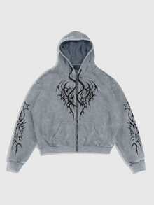 ROMWE MEN Men's Gothic Pattern Casual Daily Wear Hooded Sweatshirt - Grey - View 1