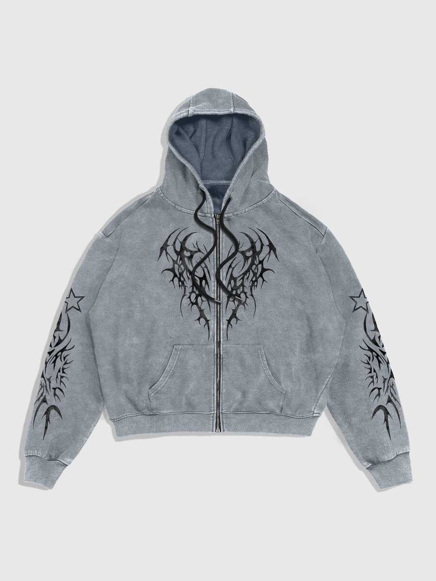 ROMWE MEN Men's Gothic Pattern Casual Daily Wear Hooded Sweatshirt - Grey - View 1