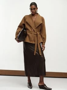 Aveloria Modichic Women Overcoat Oversized Wrap Woolen Wide Lapel Belted Raglan Lantern Sleeve Elegant Camel Solid Camel Coat Office Outfit Minimalist Thanksgiving - Brown - View 7