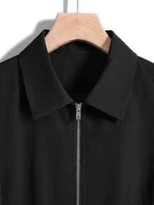 SHEIN LUNE Plus Size Casual Autumn/Winter Long Sleeve Lapel Metal Zipper Pocket Jacket - Black - View 7