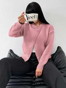 valorelle valorelle 灰色開衩袖圓領不對稱下擺精緻優雅設計時尚休閒百搭極簡風適合多種場合女款針織衫 - 粉色 - 查看 4