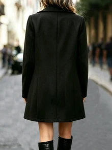 SHEIN 女款純色中長款外套，缺口領、雙排扣設計，適合冬季新年穿著 - 黑色 - 查看 2