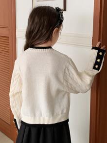 DAZY Tween Girl Round Neck Colorblock Long Sleeve Autumn/Winter Fashion Knit Cardigan - Apricot - View 5