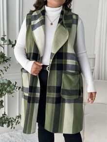 SHEIN LUNE 雙面毛絨格紋印花中長版冬季大衣 - 軍綠色 - 查看 7