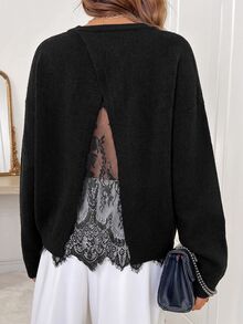 SHEIN Clasi 女款秋冬新款優雅毛衣蕾絲拼接針織上衣，適合日常多場合穿著 - 黑色 - 查看 4