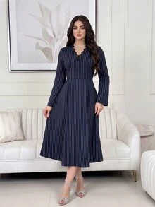 Feyla Women's Contrast Lace V-Neck Striped Long Sleeve Elegant Mid-Length Dress - Navy Blue - View 6